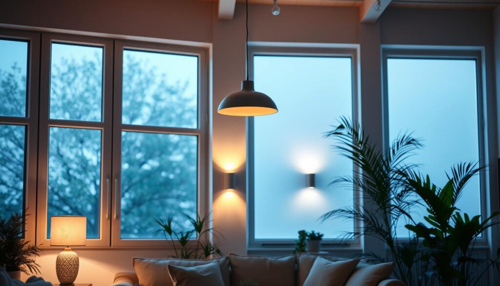 A cozy and well-lit living room with natural lighting solutions. In the foreground, a large window with clean, minimalist frame and high-efficiency glass panels that maximize natural illumination. The middle ground features a variety of energy-efficient lighting fixtures, including recessed LED bulbs, a sleek pendant lamp, and discreet wall sconces that cast a warm, ambient glow. The background showcases tall, lush houseplants that complement the eco-friendly vibe. The overall atmosphere is one of tranquility, coziness, and a harmonious blend of natural and artificial lighting that promotes energy efficiency and sustainability. A cozy and well-lit living room with natural lighting solutions. In the foreground, a large window with clean, minimalist frame and high-efficiency glass panels that maximize natural illumination. The middle ground features a variety of energy-efficient lighting fixtures, including recessed LED bulbs, a sleek pendant lamp, and discreet wall sconces that cast a warm, ambient glow. The background showcases tall, lush houseplants that complement the eco-friendly vibe. The overall atmosphere is one of tranquility, coziness, and a harmonious blend of natural and artificial lighting that promotes energy efficiency and sustainability.