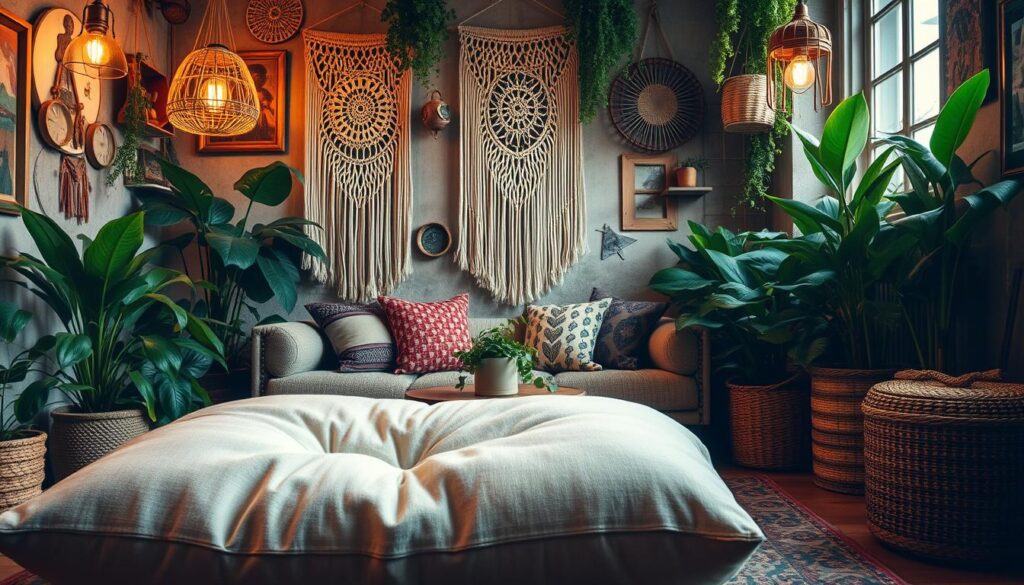 A cozy bohemian living room filled with an eclectic mix of textures and patterns. A large, plush floor cushion in the foreground invites visitors to lounge comfortably. Lush green plants and macrame wall hangings adorn the space, creating a nature-inspired ambiance. Vintage-inspired lamps with warm, soft lighting illuminate the scene, casting a golden glow. A mix of rustic wood, woven textiles, and metallic accents come together to form a harmonious and visually interesting composition. The overall mood is relaxed, inviting, and quintessentially bohemian, perfectly capturing the essence of a small yet stylish living room.