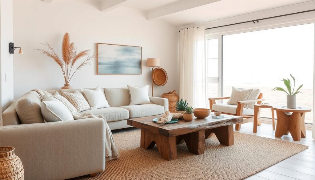 A cozy coastal-inspired living room, with a mix of natural materials and textures. In the foreground, a plush linen sofa and armchair, complemented by a woven jute rug. On the middle ground, a reclaimed wood coffee table and side tables, adorned with driftwood accents and potted succulents. The background features a large window, letting in warm natural light and offering a view of a serene beachscape. Soft white walls, sheer curtains, and a subtle color palette of blues, greens, and sandy tones create a calming, harmonious atmosphere. The overall scene evokes a sense of relaxation and a connection to the outdoors. A cozy coastal-inspired living room, with a mix of natural materials and textures. In the foreground, a plush linen sofa and armchair, complemented by a woven jute rug. On the middle ground, a reclaimed wood coffee table and side tables, adorned with driftwood accents and potted succulents. The background features a large window, letting in warm natural light and offering a view of a serene beachscape. Soft white walls, sheer curtains, and a subtle color palette of blues, greens, and sandy tones create a calming, harmonious atmosphere. The overall scene evokes a sense of relaxation and a connection to the outdoors.