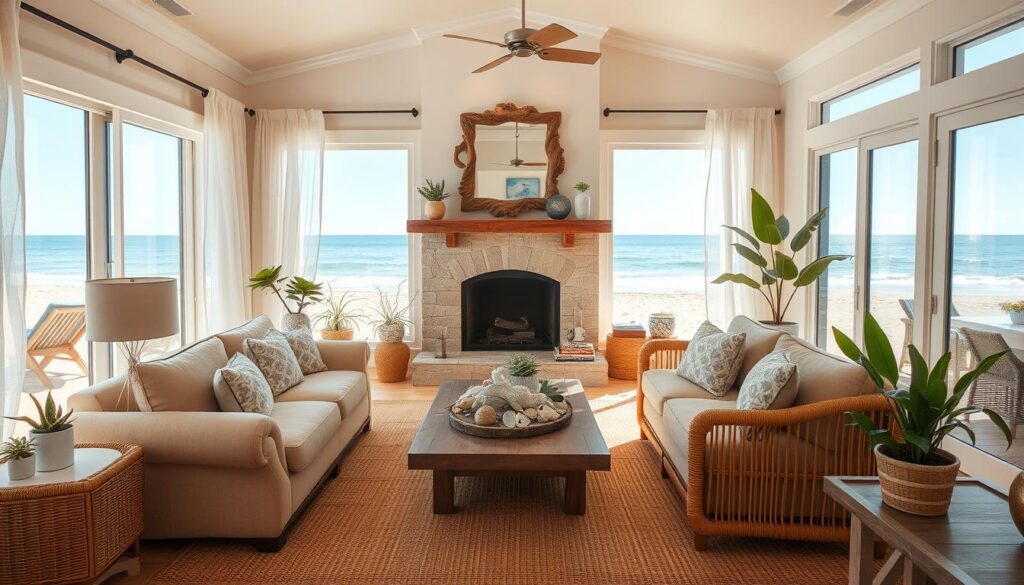 A cozy coastal living room bathed in warm, natural light. The room features large windows overlooking a serene beach scene, with sheer white curtains gently billowing in the breeze. A plush, sand-colored sofa sits atop a woven area rug, surrounded by rattan armchairs and an oversized coffee table adorned with driftwood and shell decor. Potted plants and succulents add pops of greenery, while a driftwood-framed mirror above the fireplace reflects the tranquil outdoor view. The overall atmosphere is relaxed, inviting, and infused with a fresh, breezy ambiance. A cozy coastal living room bathed in warm, natural light. The room features large windows overlooking a serene beach scene, with sheer white curtains gently billowing in the breeze. A plush, sand-colored sofa sits atop a woven area rug, surrounded by rattan armchairs and an oversized coffee table adorned with driftwood and shell decor. Potted plants and succulents add pops of greenery, while a driftwood-framed mirror above the fireplace reflects the tranquil outdoor view. The overall atmosphere is relaxed, inviting, and infused with a fresh, breezy ambiance.