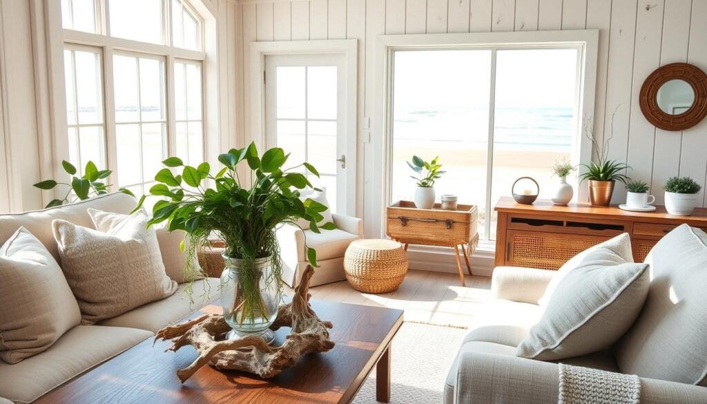 A cozy coastal living room with natural light streaming through large windows. In the foreground, a plush, linen-upholstered sofa and armchair are accented with textural throw pillows in soothing sea-inspired hues. On the coffee table, a driftwood vase holds lush, trailing indoor plants. In the middle ground, a woven rattan side table and a rustic wooden console table display more potted greenery and decorative accents. The background features whitewashed wood paneling, complemented by a large window that frames a scenic view of a sandy beach and crashing waves. The overall atmosphere is one of tranquility and a harmonious fusion of indoor and outdoor elements. A cozy coastal living room with natural light streaming through large windows. In the foreground, a plush, linen-upholstered sofa and armchair are accented with textural throw pillows in soothing sea-inspired hues. On the coffee table, a driftwood vase holds lush, trailing indoor plants. In the middle ground, a woven rattan side table and a rustic wooden console table display more potted greenery and decorative accents. The background features whitewashed wood paneling, complemented by a large window that frames a scenic view of a sandy beach and crashing waves. The overall atmosphere is one of tranquility and a harmonious fusion of indoor and outdoor elements.
