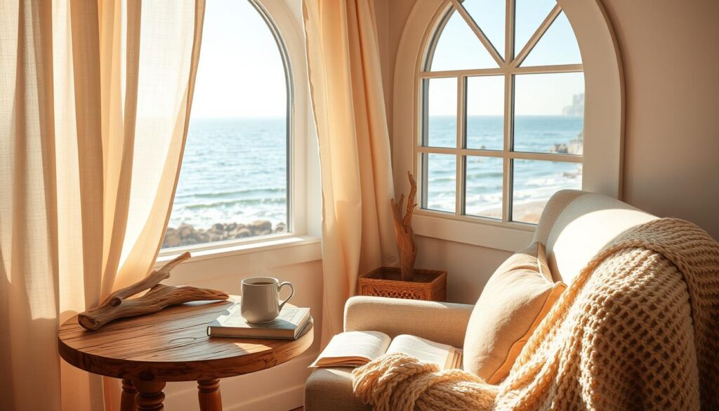 A cozy coastal reading nook with a plush armchair nestled in a sun-dappled alcove, overlooking a picturesque seaside vista. The scene is bathed in warm, golden afternoon light filtering through sheer linen curtains. A rustic wooden side table holds a steaming mug of tea and a well-worn book. Weathered driftwood accents and a plush knitted throw add tactile natural elements, while a large arched window frames the tranquil ocean view beyond. The overall atmosphere evokes a sense of serene relaxation and quiet contemplation, inviting the viewer to settle in and lose themselves in the pages. A cozy coastal reading nook with a plush armchair nestled in a sun-dappled alcove, overlooking a picturesque seaside vista. The scene is bathed in warm, golden afternoon light filtering through sheer linen curtains. A rustic wooden side table holds a steaming mug of tea and a well-worn book. Weathered driftwood accents and a plush knitted throw add tactile natural elements, while a large arched window frames the tranquil ocean view beyond. The overall atmosphere evokes a sense of serene relaxation and quiet contemplation, inviting the viewer to settle in and lose themselves in the pages.