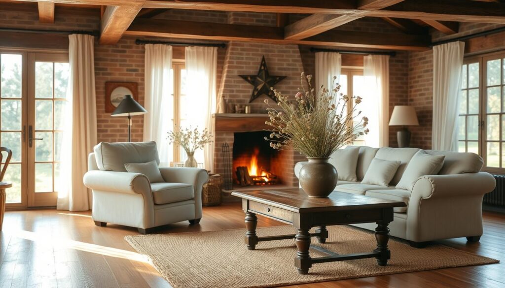 A cozy country living room with a plush, oversized armchair and matching sofa situated in front of a warm, crackling fireplace. Sunlight filters through sheer curtains, casting a soft, golden glow throughout the space. Wooden beams and exposed brick walls create a rustic, welcoming ambiance. A thick, woven area rug covers the hardwood floor, and a large, decorative vase filled with wildflowers sits atop a sturdy, antique coffee table. Soft, neutral tones and natural textures come together to form a serene, inviting atmosphere perfect for relaxation. A cozy country living room with a plush, oversized armchair and matching sofa situated in front of a warm, crackling fireplace. Sunlight filters through sheer curtains, casting a soft, golden glow throughout the space. Wooden beams and exposed brick walls create a rustic, welcoming ambiance. A thick, woven area rug covers the hardwood floor, and a large, decorative vase filled with wildflowers sits atop a sturdy, antique coffee table. Soft, neutral tones and natural textures come together to form a serene, inviting atmosphere perfect for relaxation.