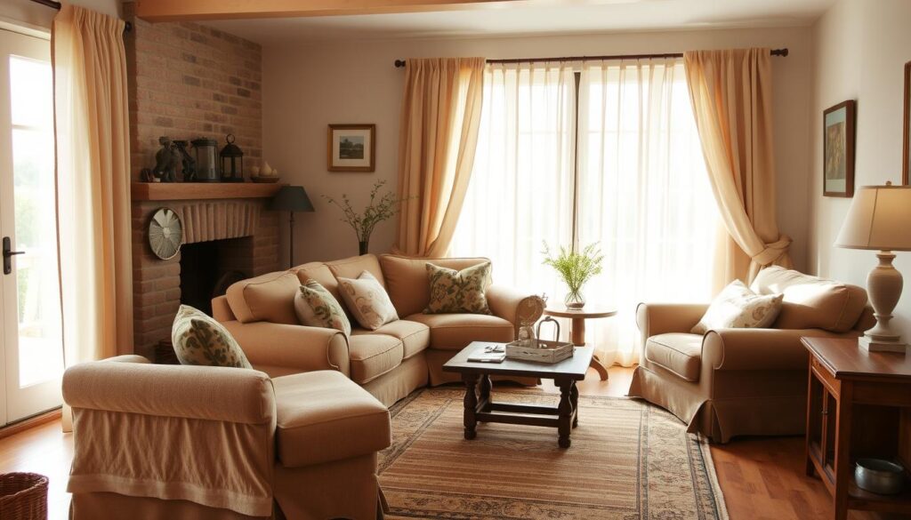 A cozy country living room with a plush, textured sofa and armchair covered in warm, earthy toned fabrics. Soft, patterned throw pillows in paisley and floral designs add visual interest. A handwoven area rug in muted shades of brown, rust, and cream anchors the space. Sheer, billowing curtains frame the large window, allowing natural light to filter in and illuminate the room's rustic, inviting ambiance. Wooden accents like a side table and coffee table complement the neutral, homespun palette. Subtle lighting casts a gentle glow, creating a serene, relaxing atmosphere perfect for enjoying the comforts of country living. A cozy country living room with a plush, textured sofa and armchair covered in warm, earthy toned fabrics. Soft, patterned throw pillows in paisley and floral designs add visual interest. A handwoven area rug in muted shades of brown, rust, and cream anchors the space. Sheer, billowing curtains frame the large window, allowing natural light to filter in and illuminate the room's rustic, inviting ambiance. Wooden accents like a side table and coffee table complement the neutral, homespun palette. Subtle lighting casts a gentle glow, creating a serene, relaxing atmosphere perfect for enjoying the comforts of country living.
