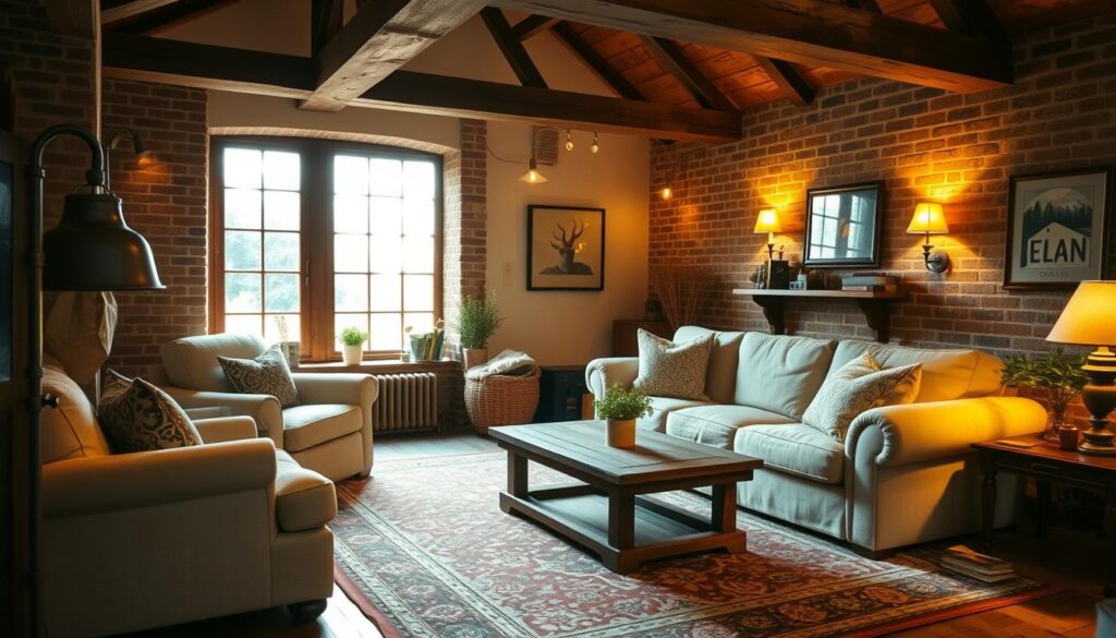 A cozy country living room with a warm, inviting ambiance. Soft, golden lighting from a rustic floor lamp and wall sconces illuminate the space, casting a gentle glow over the plush, overstuffed sofa and armchair upholstered in neutral tones. A large, intricately patterned area rug grounds the seating area, complemented by a sturdy, wooden coffee table. Beams and exposed brick walls lend a traditional, farmhouse-inspired aesthetic, while a large window allows natural light to filter in, creating a harmonious balance between artificial and natural illumination. A cozy country living room with a warm, inviting ambiance. Soft, golden lighting from a rustic floor lamp and wall sconces illuminate the space, casting a gentle glow over the plush, overstuffed sofa and armchair upholstered in neutral tones. A large, intricately patterned area rug grounds the seating area, complemented by a sturdy, wooden coffee table. Beams and exposed brick walls lend a traditional, farmhouse-inspired aesthetic, while a large window allows natural light to filter in, creating a harmonious balance between artificial and natural illumination.