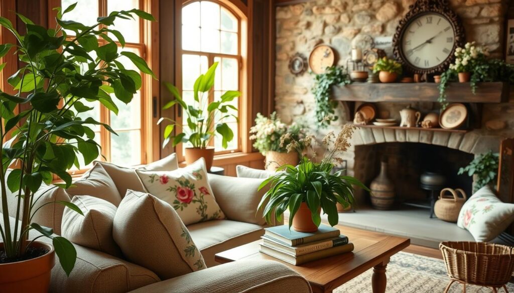 A cozy country living room with natural light streaming through large windows, casting a warm glow on the earthy tones and textures. In the foreground, a plush, overstuffed sofa adorned with vintage-inspired floral pillows invites you to sink in and relax. Lush, verdant plants in terracotta pots and woven baskets adorn the space, adding pops of vibrant greenery. The middle ground features a rustic, wooden coffee table topped with books and a vase of freshly cut wildflowers. In the background, a stone fireplace with a mantel adorned with more greenery and vintage-inspired decor creates a sense of coziness and comfort. The overall atmosphere is one of serene, natural elegance, perfect for an article on incorporating natural elements into a country-inspired living room. A cozy country living room with natural light streaming through large windows, casting a warm glow on the earthy tones and textures. In the foreground, a plush, overstuffed sofa adorned with vintage-inspired floral pillows invites you to sink in and relax. Lush, verdant plants in terracotta pots and woven baskets adorn the space, adding pops of vibrant greenery. The middle ground features a rustic, wooden coffee table topped with books and a vase of freshly cut wildflowers. In the background, a stone fireplace with a mantel adorned with more greenery and vintage-inspired decor creates a sense of coziness and comfort. The overall atmosphere is one of serene, natural elegance, perfect for an article on incorporating natural elements into a country-inspired living room.