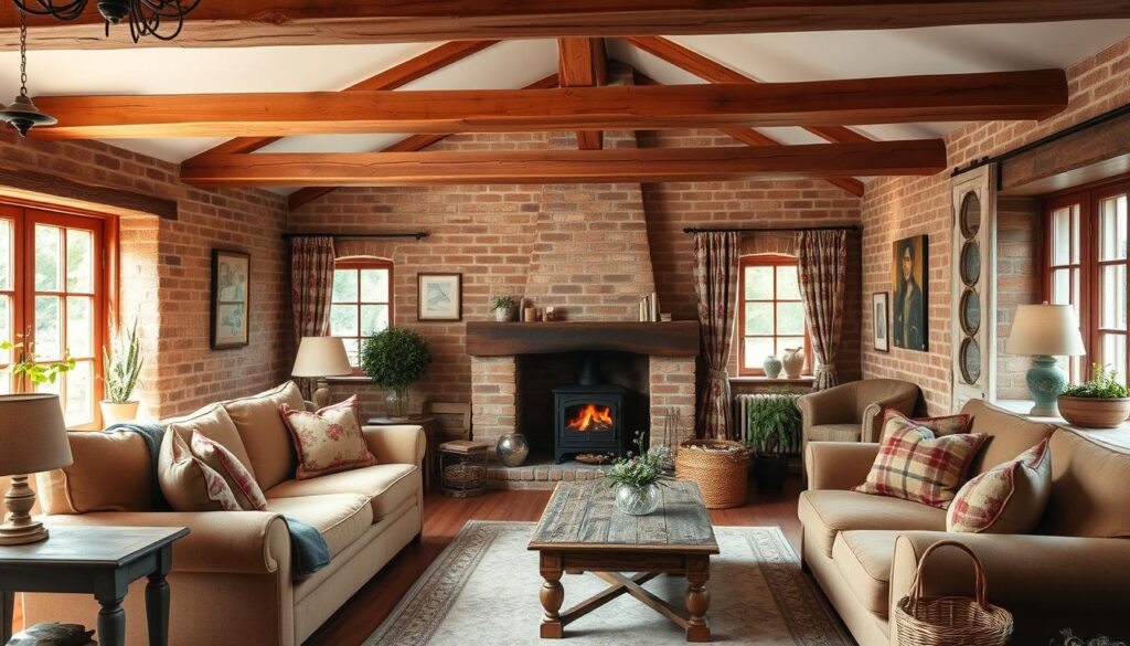 A cozy country living room with warm, inviting color palettes. Soft, natural light filters through large windows, illuminating plush, earth-toned furnishings. Vintage wooden beams accent the ceiling, complementing rustic brick walls. A fireplace crackles in the corner, its flames casting a gentle glow. Patterned textiles, such as tartan throws and floral curtains, add pops of color and texture. Weathered wooden side tables and a distressed coffee table complete the charming, lived-in aesthetic. Potted plants and woven baskets introduce organic elements, further enhancing the serene, pastoral ambiance. A cozy country living room with warm, inviting color palettes. Soft, natural light filters through large windows, illuminating plush, earth-toned furnishings. Vintage wooden beams accent the ceiling, complementing rustic brick walls. A fireplace crackles in the corner, its flames casting a gentle glow. Patterned textiles, such as tartan throws and floral curtains, add pops of color and texture. Weathered wooden side tables and a distressed coffee table complete the charming, lived-in aesthetic. Potted plants and woven baskets introduce organic elements, further enhancing the serene, pastoral ambiance.