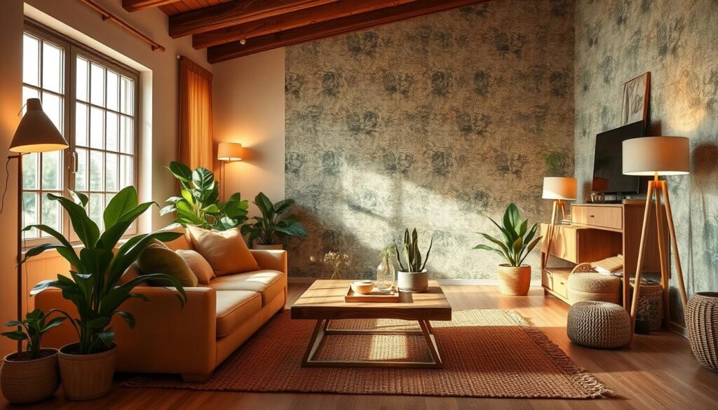 A cozy, eco-friendly living room design with natural materials and warm lighting. In the foreground, a plush, earthy-toned sofa sits atop a woven natural fiber rug. Lush potted plants and a reclaimed wood coffee table add organic touches. In the middle ground, large windows let in soft, diffused sunlight, illuminating the space. The background features a feature wall with textured, sustainable wallpaper in muted greens and neutrals. Strategically placed task lighting and floor lamps create a comforting, intimate ambiance. The overall mood is one of comfort, mindfulness, and environmental consciousness. A cozy, eco-friendly living room design with natural materials and warm lighting. In the foreground, a plush, earthy-toned sofa sits atop a woven natural fiber rug. Lush potted plants and a reclaimed wood coffee table add organic touches. In the middle ground, large windows let in soft, diffused sunlight, illuminating the space. The background features a feature wall with textured, sustainable wallpaper in muted greens and neutrals. Strategically placed task lighting and floor lamps create a comforting, intimate ambiance. The overall mood is one of comfort, mindfulness, and environmental consciousness.