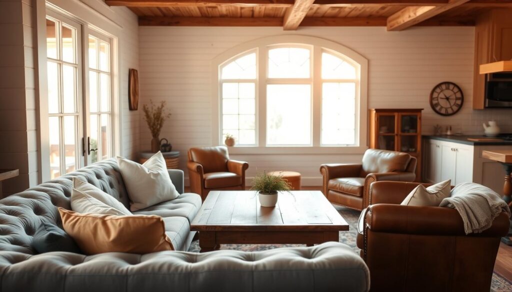 A cozy farmhouse interior with a warm, inviting color palette. The foreground features a plush, tufted sofa in a soft, muted blue-gray hue, accented with plush white and tan throw pillows. In the middle ground, a rustic wooden coffee table is flanked by two worn leather armchairs in a rich, earthy brown. The background showcases shiplap walls in a soft, creamy white, complemented by natural wood ceiling beams and a large, arched window that floods the space with gentle, golden afternoon light. The overall atmosphere evokes a sense of comfort, coziness, and timeless charm. A cozy farmhouse interior with a warm, inviting color palette. The foreground features a plush, tufted sofa in a soft, muted blue-gray hue, accented with plush white and tan throw pillows. In the middle ground, a rustic wooden coffee table is flanked by two worn leather armchairs in a rich, earthy brown. The background showcases shiplap walls in a soft, creamy white, complemented by natural wood ceiling beams and a large, arched window that floods the space with gentle, golden afternoon light. The overall atmosphere evokes a sense of comfort, coziness, and timeless charm.