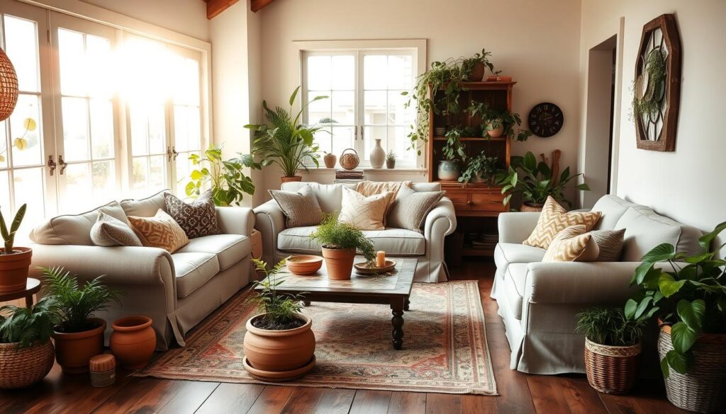 A cozy farmhouse living room bathed in soft, natural light streaming through large windows. A plush, overstuffed sofa and armchairs sit atop a rustic wooden floor, complemented by a vintage area rug. Lush, verdant indoor plants in terracotta pots and woven baskets are artfully arranged, adding pops of greenery and a sense of brought-in nature. Warm, earthy tones and distressed wood accents create a inviting, relaxed ambiance. The room's decor seamlessly blends rustic charm and modern comfort, exuding a serene, welcoming atmosphere. A cozy farmhouse living room bathed in soft, natural light streaming through large windows. A plush, overstuffed sofa and armchairs sit atop a rustic wooden floor, complemented by a vintage area rug. Lush, verdant indoor plants in terracotta pots and woven baskets are artfully arranged, adding pops of greenery and a sense of brought-in nature. Warm, earthy tones and distressed wood accents create a inviting, relaxed ambiance. The room's decor seamlessly blends rustic charm and modern comfort, exuding a serene, welcoming atmosphere.