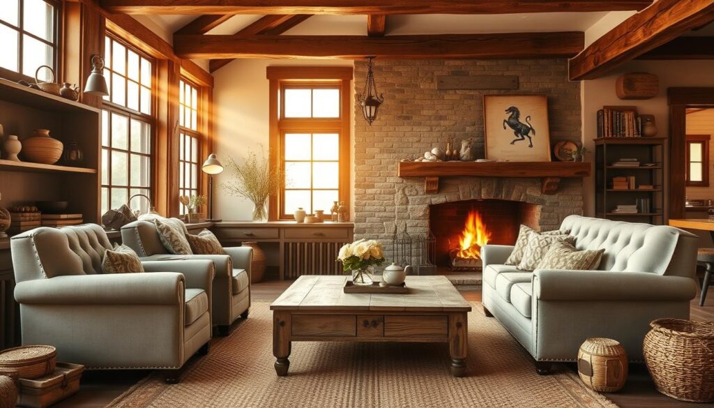 A cozy farmhouse living room, bathed in warm, golden light streaming through large windows. Plush, tufted armchairs and a weathered, wooden coffee table sit atop a plush, woven rug. Shelves adorned with vintage trinkets and books line the walls, creating a sense of timeless charm. A stone fireplace crackles in the background, its flickering flames casting a soft, inviting glow. Rustic, wooden beams and exposed brick add to the room's rustic elegance, while soft, neutral tones and natural textures evoke a serene, countryside ambiance. This inviting space exudes a harmonious blend of comfort and sophistication, embodying the essence of a cozy farmhouse haven. A cozy farmhouse living room, bathed in warm, golden light streaming through large windows. Plush, tufted armchairs and a weathered, wooden coffee table sit atop a plush, woven rug. Shelves adorned with vintage trinkets and books line the walls, creating a sense of timeless charm. A stone fireplace crackles in the background, its flickering flames casting a soft, inviting glow. Rustic, wooden beams and exposed brick add to the room's rustic elegance, while soft, neutral tones and natural textures evoke a serene, countryside ambiance. This inviting space exudes a harmonious blend of comfort and sophistication, embodying the essence of a cozy farmhouse haven.