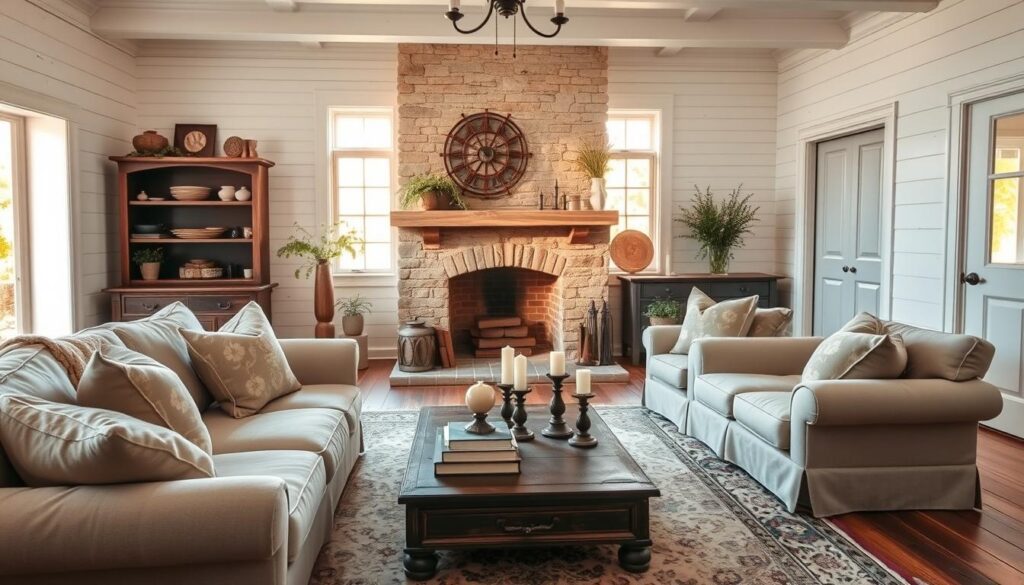 A cozy farmhouse living room in soft, muted tones. In the foreground, a plush, overstuffed sofa and armchair upholstered in neutral linen, accented with rustic throw pillows. On the coffee table, a stack of vintage books and a trio of pillar candles. In the middle ground, a large, stone fireplace with a mantle adorned with fresh greenery and antique décor. Warm, golden light filters in through a bay window, casting a gentle glow over the scene. The background features wide-plank hardwood floors, whitewashed shiplap walls, and a statement-making antique rug. An atmosphere of timeless comfort and understated elegance pervades the space. A cozy farmhouse living room in soft, muted tones. In the foreground, a plush, overstuffed sofa and armchair upholstered in neutral linen, accented with rustic throw pillows. On the coffee table, a stack of vintage books and a trio of pillar candles. In the middle ground, a large, stone fireplace with a mantle adorned with fresh greenery and antique décor. Warm, golden light filters in through a bay window, casting a gentle glow over the scene. The background features wide-plank hardwood floors, whitewashed shiplap walls, and a statement-making antique rug. An atmosphere of timeless comfort and understated elegance pervades the space.