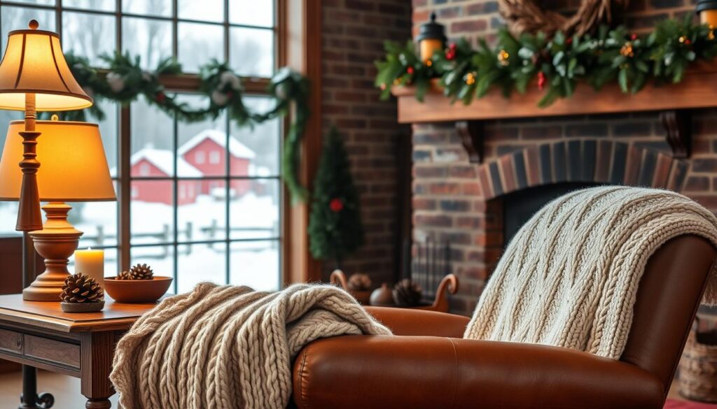 A cozy farmhouse living room in the winter, adorned with rustic seasonal decor. In the foreground, a plush knitted throw blanket drapes over a worn leather armchair, accented by a vintage wooden side table displaying a crackling candle and a bowl of pinecones. In the middle ground, a brick fireplace with a mantel adorned with garlands of pine, holly, and red berries casts a warm glow. Beyond, a large window frames a snowy landscape, with a dusting of white on the windowsill and the distant silhouette of a red barn. The lighting is soft and natural, with a combination of lamplight and sunlight filtering through the window. The overall atmosphere is one of cozy, inviting farmhouse charm in the wintertime. A cozy farmhouse living room in the winter, adorned with rustic seasonal decor. In the foreground, a plush knitted throw blanket drapes over a worn leather armchair, accented by a vintage wooden side table displaying a crackling candle and a bowl of pinecones. In the middle ground, a brick fireplace with a mantel adorned with garlands of pine, holly, and red berries casts a warm glow. Beyond, a large window frames a snowy landscape, with a dusting of white on the windowsill and the distant silhouette of a red barn. The lighting is soft and natural, with a combination of lamplight and sunlight filtering through the window. The overall atmosphere is one of cozy, inviting farmhouse charm in the wintertime.