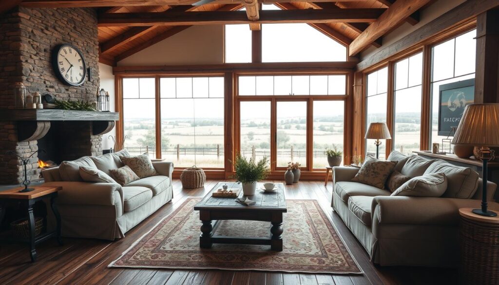 A cozy farmhouse-style living room with warm lighting, wooden beams, and a large stone fireplace. In the foreground, a plush, overstuffed sofa and armchair sit atop a distressed wooden floor, adorned with a vintage area rug. In the middle ground, a farmhouse-style coffee table and end tables, complemented by simple, natural decor like potted plants and woven baskets. The background features large windows overlooking a pastoral countryside scene, letting in soft, diffused natural light. The overall atmosphere is one of rustic charm, comfort, and timeless country style. A cozy farmhouse-style living room with warm lighting, wooden beams, and a large stone fireplace. In the foreground, a plush, overstuffed sofa and armchair sit atop a distressed wooden floor, adorned with a vintage area rug. In the middle ground, a farmhouse-style coffee table and end tables, complemented by simple, natural decor like potted plants and woven baskets. The background features large windows overlooking a pastoral countryside scene, letting in soft, diffused natural light. The overall atmosphere is one of rustic charm, comfort, and timeless country style.