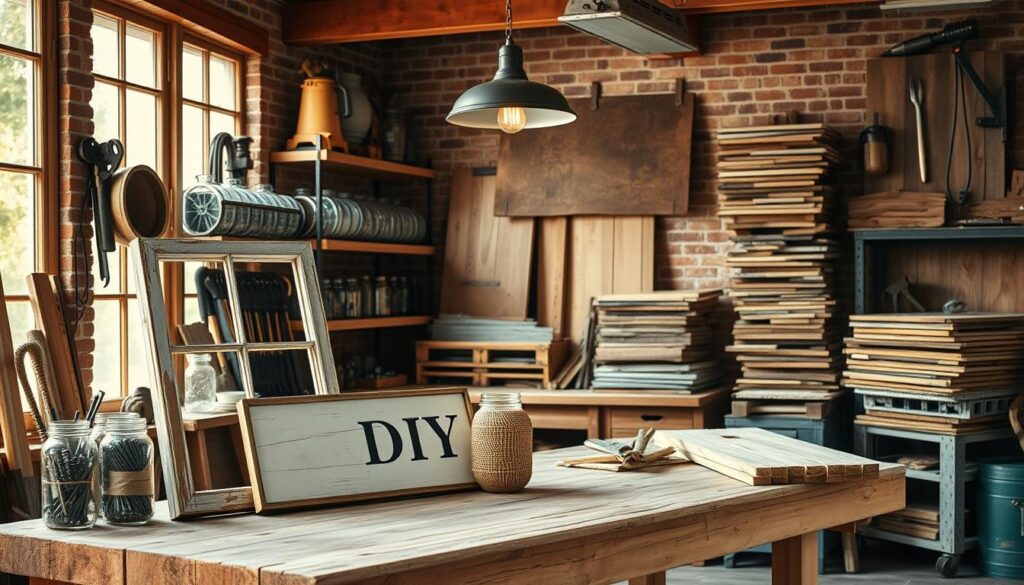 A cozy farmhouse workshop filled with rustic DIY projects. In the foreground, a wooden workbench displays an assortment of handcrafted decor items - a repurposed window frame, a distressed wooden sign, and a burlap-wrapped vase. Soft, natural lighting filters through large windows, casting a warm glow over the scene. In the middle ground, shelves hold various tools, mason jars filled with nails and screws, and stacks of weathered barn wood planks. The background features exposed brick walls and a vintage industrial-style pendant light, creating a charming, inviting atmosphere perfect for a farmhouse-inspired DIY session. A cozy farmhouse workshop filled with rustic DIY projects. In the foreground, a wooden workbench displays an assortment of handcrafted decor items - a repurposed window frame, a distressed wooden sign, and a burlap-wrapped vase. Soft, natural lighting filters through large windows, casting a warm glow over the scene. In the middle ground, shelves hold various tools, mason jars filled with nails and screws, and stacks of weathered barn wood planks. The background features exposed brick walls and a vintage industrial-style pendant light, creating a charming, inviting atmosphere perfect for a farmhouse-inspired DIY session.