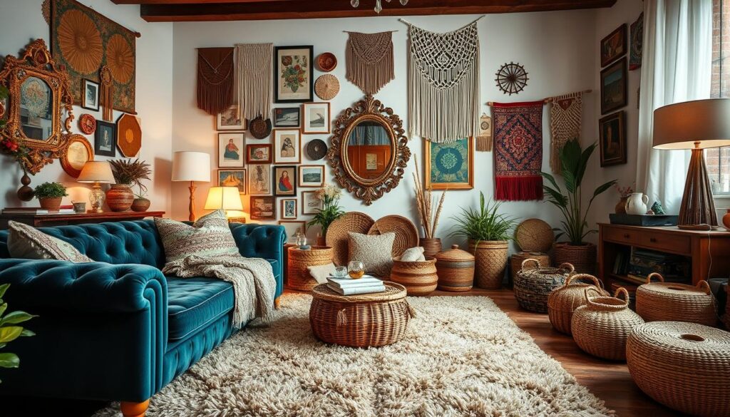 A cozy, inviting bohemian living room filled with layers of vibrant textiles. In the foreground, a plush, tufted velvet sofa in a rich jewel-toned hue, accented by patterned pillows and a chunky knit throw. In the middle ground, a lush, shaggy area rug in earthy tones anchors the space, surrounded by a mix of woven baskets, macrame wall hangings, and an ornate, gilded mirror. The background features a gallery wall with an eclectic assortment of framed artwork, tapestries, and macrame wall hangings, creating a warm, eclectic ambiance. Soft, diffused lighting from a combination of floor lamps and pendant fixtures casts a cozy glow throughout the room, enhancing the cozy, bohemian atmosphere.