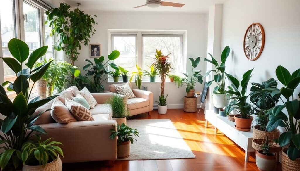 A cozy, inviting small living room with natural light streaming in from large windows. The space is filled with lush, vibrant potted plants of various sizes and species, strategically placed to create a serene, calming atmosphere. Plush, neutral-toned furniture, including a comfortable sofa and armchair, create a relaxing seating area. Warm hardwood floors, a minimalist rug, and subtle wall decor complete the space, giving it a contemporary, organic feel. The overall composition exudes a sense of harmony, where the plants seamlessly integrate with the furnishings, creating a harmonious and rejuvenating living environment. A cozy, inviting small living room with natural light streaming in from large windows. The space is filled with lush, vibrant potted plants of various sizes and species, strategically placed to create a serene, calming atmosphere. Plush, neutral-toned furniture, including a comfortable sofa and armchair, create a relaxing seating area. Warm hardwood floors, a minimalist rug, and subtle wall decor complete the space, giving it a contemporary, organic feel. The overall composition exudes a sense of harmony, where the plants seamlessly integrate with the furnishings, creating a harmonious and rejuvenating living environment.