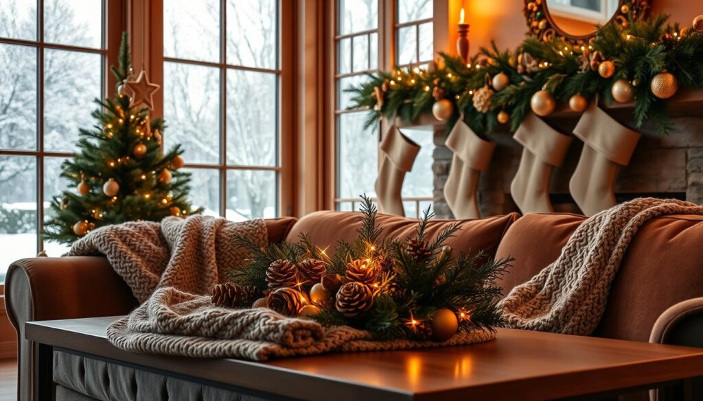 A cozy living room adorned with seasonal decor, bathed in warm, ambient lighting. In the foreground, a plush, velvet sofa draped with a knitted throw blanket. On the coffee table, a centerpiece of pine cones, dried leaves, and twinkling fairy lights. Behind, a large window frames a snowy winter landscape, the glass frosted with delicate patterns. On the mantel, stockings hang alongside a garland of evergreen boughs, sprinkled with gold and silver ornaments. The room exudes a sense of hygge, inviting visitors to curl up and savor the comforts of the season. A cozy living room adorned with seasonal decor, bathed in warm, ambient lighting. In the foreground, a plush, velvet sofa draped with a knitted throw blanket. On the coffee table, a centerpiece of pine cones, dried leaves, and twinkling fairy lights. Behind, a large window frames a snowy winter landscape, the glass frosted with delicate patterns. On the mantel, stockings hang alongside a garland of evergreen boughs, sprinkled with gold and silver ornaments. The room exudes a sense of hygge, inviting visitors to curl up and savor the comforts of the season.