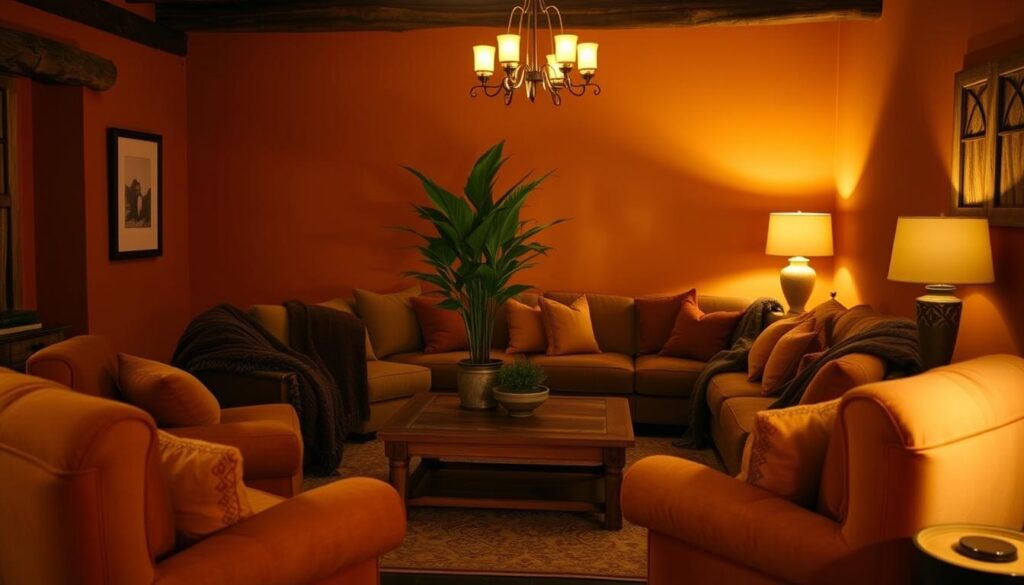 A cozy living room bathed in warm, ambient lighting. Plush, overstuffed armchairs and a deep, velvety sofa in earthy tones surround a low, wooden coffee table. Lush, textured throw blankets and pillows add layers of comfort. In the corner, a tall, leafy potted plant casts soft shadows. The walls are painted in a rich, terracotta hue, complemented by rustic, wooden accents. Soft, diffused light from table lamps and a central chandelier create a intimate, inviting atmosphere. The scene exudes a sense of relaxation and tranquility. A cozy living room bathed in warm, ambient lighting. Plush, overstuffed armchairs and a deep, velvety sofa in earthy tones surround a low, wooden coffee table. Lush, textured throw blankets and pillows add layers of comfort. In the corner, a tall, leafy potted plant casts soft shadows. The walls are painted in a rich, terracotta hue, complemented by rustic, wooden accents. Soft, diffused light from table lamps and a central chandelier create a intimate, inviting atmosphere. The scene exudes a sense of relaxation and tranquility.