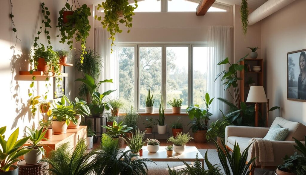 A cozy living room filled with an abundance of lush, verdant indoor plants. The foreground features a diverse array of potted plants, including trailing vines, leafy ferns, and vibrant succulents, strategically placed on floating shelves and side tables. The middle ground showcases a large, floor-to-ceiling window that bathes the space in warm, natural light, creating a serene, nature-inspired atmosphere. In the background, a soft, neutral-toned sofa and armchair provide a comfortable seating area, complemented by a minimalist, Scandinavian-inspired coffee table. The overall scene conveys a sense of tranquility and a harmonious blend of indoor and outdoor elements, perfectly capturing the essence of "Indoor Plants: Bringing Nature Inside". A cozy living room filled with an abundance of lush, verdant indoor plants. The foreground features a diverse array of potted plants, including trailing vines, leafy ferns, and vibrant succulents, strategically placed on floating shelves and side tables. The middle ground showcases a large, floor-to-ceiling window that bathes the space in warm, natural light, creating a serene, nature-inspired atmosphere. In the background, a soft, neutral-toned sofa and armchair provide a comfortable seating area, complemented by a minimalist, Scandinavian-inspired coffee table. The overall scene conveys a sense of tranquility and a harmonious blend of indoor and outdoor elements, perfectly capturing the essence of "Indoor Plants: Bringing Nature Inside".