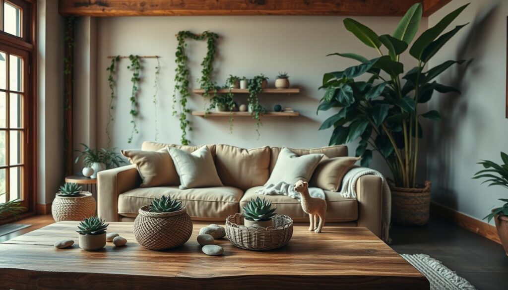 A cozy living room filled with natural elements, bathed in warm, diffused lighting from a large window. In the foreground, a wooden coffee table adorned with potted succulents, a woven basket, and smooth river stones. The middle ground features a plush, earthy-toned sofa accented with linen throw pillows and a hand-woven blanket. Climbing vines cascade from floating shelves, and a large, leafy plant stands tall in the corner. The background showcases exposed wooden beams and neutral-toned walls, creating a serene, nature-inspired ambiance. A cozy living room filled with natural elements, bathed in warm, diffused lighting from a large window. In the foreground, a wooden coffee table adorned with potted succulents, a woven basket, and smooth river stones. The middle ground features a plush, earthy-toned sofa accented with linen throw pillows and a hand-woven blanket. Climbing vines cascade from floating shelves, and a large, leafy plant stands tall in the corner. The background showcases exposed wooden beams and neutral-toned walls, creating a serene, nature-inspired ambiance.