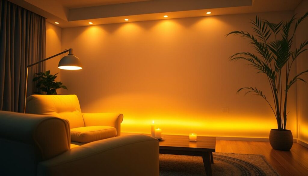 A cozy living room illuminated by a warm, ambient glow. In the foreground, a plush, oversized armchair invites relaxation, its fabric glowing softly under the gentle light of a floor lamp. The middle ground features a low, wooden coffee table, its surface reflecting the flickering flame of a scented candle. Along the walls, recessed lighting casts a subtle, golden hue, creating a sense of depth and enveloping the space in a comforting atmosphere. Tall, potted plants in the background add a touch of life, their leaves casting intricate shadows on the walls. The overall scene evokes a sense of tranquility and intimate comfort, perfect for a cozy evening at home. A cozy living room illuminated by a warm, ambient glow. In the foreground, a plush, oversized armchair invites relaxation, its fabric glowing softly under the gentle light of a floor lamp. The middle ground features a low, wooden coffee table, its surface reflecting the flickering flame of a scented candle. Along the walls, recessed lighting casts a subtle, golden hue, creating a sense of depth and enveloping the space in a comforting atmosphere. Tall, potted plants in the background add a touch of life, their leaves casting intricate shadows on the walls. The overall scene evokes a sense of tranquility and intimate comfort, perfect for a cozy evening at home.