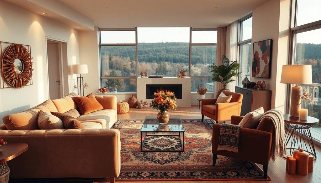 A cozy living room in a modern apartment, adorned with seasonal décor. The room is bathed in warm, soft lighting, creating a welcoming ambiance. In the foreground, a plush, oversized sofa is flanked by a pair of armchairs, all positioned around a large, intricately patterned area rug. On the coffee table, a vase of fresh seasonal flowers adds a touch of natural beauty. The middle ground features a sleek, minimalist fireplace, its flames flickering gently. The background showcases large windows that allow natural light to filter in, offering a glimpse of a scenic, autumnal landscape outside. Subtle, seasonal accents like throw pillows, blankets, and candles add to the overall cozy and inviting atmosphere. A cozy living room in a modern apartment, adorned with seasonal décor. The room is bathed in warm, soft lighting, creating a welcoming ambiance. In the foreground, a plush, oversized sofa is flanked by a pair of armchairs, all positioned around a large, intricately patterned area rug. On the coffee table, a vase of fresh seasonal flowers adds a touch of natural beauty. The middle ground features a sleek, minimalist fireplace, its flames flickering gently. The background showcases large windows that allow natural light to filter in, offering a glimpse of a scenic, autumnal landscape outside. Subtle, seasonal accents like throw pillows, blankets, and candles add to the overall cozy and inviting atmosphere.
