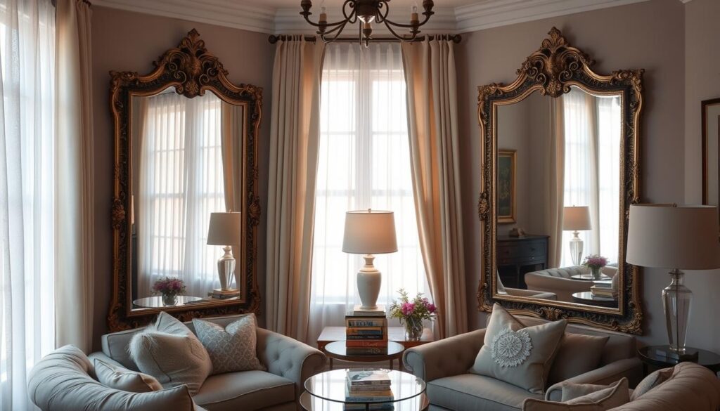 A cozy living room with a focal point of two large, ornate mirrors reflecting the space. The mirrors are placed on adjacent walls, creating an illusion of depth and expansion. Soft, diffused lighting filters through sheer curtains, casting a warm glow. Plush seating and decor elements in muted tones complement the reflective surfaces, blending form and function. The overall atmosphere is one of tranquility and visual interest, inviting the viewer to linger and appreciate the thoughtful use of mirrors to enhance the small, intimate environment. A cozy living room with a focal point of two large, ornate mirrors reflecting the space. The mirrors are placed on adjacent walls, creating an illusion of depth and expansion. Soft, diffused lighting filters through sheer curtains, casting a warm glow. Plush seating and decor elements in muted tones complement the reflective surfaces, blending form and function. The overall atmosphere is one of tranquility and visual interest, inviting the viewer to linger and appreciate the thoughtful use of mirrors to enhance the small, intimate environment.
