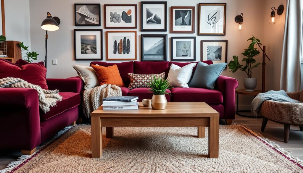 A cozy living room with a mix of textures and materials, creating a warm and inviting atmosphere. In the foreground, a plush velvet sofa in a rich burgundy hue takes center stage, accented by a chunky knit throw and several decorative pillows in complementary tones. A wooden coffee table with a natural finish stands before it, topped with a potted plant and a few artfully arranged books. The middle ground features a woven area rug, its intricate pattern adding depth and visual interest to the space. The walls are adorned with a gallery wall of framed artwork, their frames varying in materials from sleek metal to rustic wood. Indirect lighting from floor lamps and sconces casts a soft, ambient glow, highlighting the textural elements and creating a cozy, intimate atmosphere.