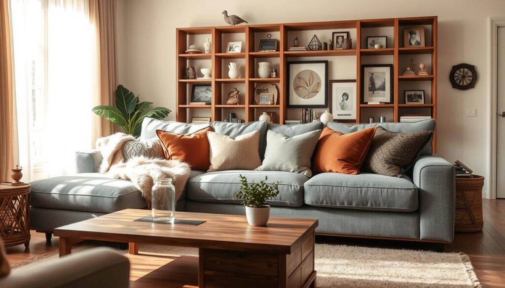 A cozy living room with a plush, oversized gray sofa, adorned with a fluffy throw blanket and an assortment of decorative pillows in earthy tones. Sunlight filters through sheer curtains, casting a warm glow on the room. A wooden coffee table with a few carefully curated décor pieces, such as a potted plant and a stack of books, sits in the foreground. In the background, a large wall unit displays an eclectic mix of framed art, family photos, and personal trinkets, creating a sense of lived-in charm. The overall atmosphere is one of comfort, relaxation, and a touch of rustic elegance. A cozy living room with a plush, oversized gray sofa, adorned with a fluffy throw blanket and an assortment of decorative pillows in earthy tones. Sunlight filters through sheer curtains, casting a warm glow on the room. A wooden coffee table with a few carefully curated décor pieces, such as a potted plant and a stack of books, sits in the foreground. In the background, a large wall unit displays an eclectic mix of framed art, family photos, and personal trinkets, creating a sense of lived-in charm. The overall atmosphere is one of comfort, relaxation, and a touch of rustic elegance.