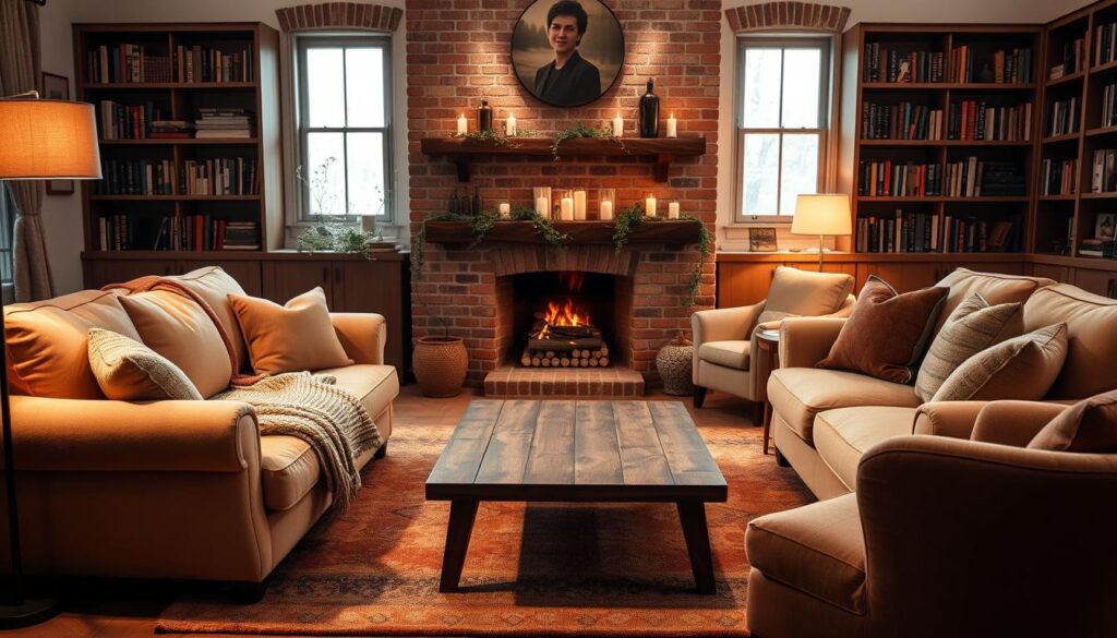 A cozy living room with a plush, oversized sofa in a warm, neutral tone. Soft lighting from a floor lamp with a linen shade creates a gentle, inviting ambiance. A knitted throw blanket and scattering of decorative pillows in complementary hues add textural interest. In the middle ground, a low, wooden coffee table with a minimalist design is flanked by two comfortable armchairs. The background features a brick fireplace with a mantel adorned with candles and greenery, framed by bookshelves filled with well-worn volumes. The overall scene evokes a sense of relaxation and comfort, perfect for a cozy, intimate seating arrangement. A cozy living room with a plush, oversized sofa in a warm, neutral tone. Soft lighting from a floor lamp with a linen shade creates a gentle, inviting ambiance. A knitted throw blanket and scattering of decorative pillows in complementary hues add textural interest. In the middle ground, a low, wooden coffee table with a minimalist design is flanked by two comfortable armchairs. The background features a brick fireplace with a mantel adorned with candles and greenery, framed by bookshelves filled with well-worn volumes. The overall scene evokes a sense of relaxation and comfort, perfect for a cozy, intimate seating arrangement.