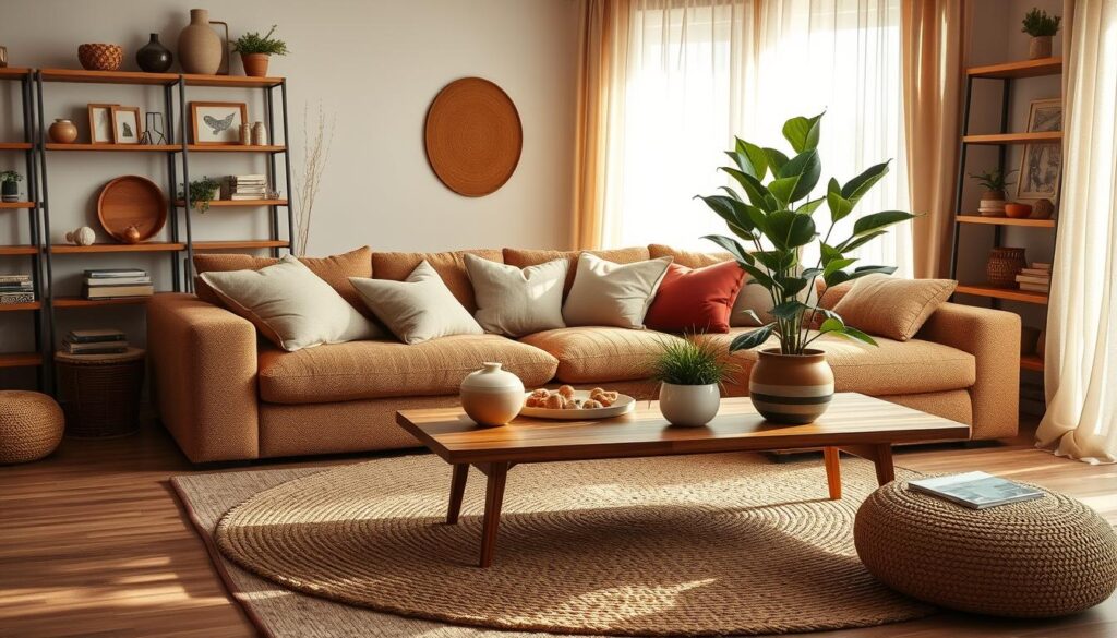 A cozy living room with a plush, textured sofa and plethora of pillows in warm tones. Soft lighting filters through sheer curtains, casting a gentle glow across the space. A woven area rug grounds the scene, complemented by a wooden coffee table adorned with tactile ceramics and a lush potted plant. Shelves line the walls, showcasing an eclectic mix of decor pieces that add depth and character. The overall atmosphere is one of comfort, relaxation, and a touch of Scandinavian minimalism. A cozy living room with a plush, textured sofa and plethora of pillows in warm tones. Soft lighting filters through sheer curtains, casting a gentle glow across the space. A woven area rug grounds the scene, complemented by a wooden coffee table adorned with tactile ceramics and a lush potted plant. Shelves line the walls, showcasing an eclectic mix of decor pieces that add depth and character. The overall atmosphere is one of comfort, relaxation, and a touch of Scandinavian minimalism.