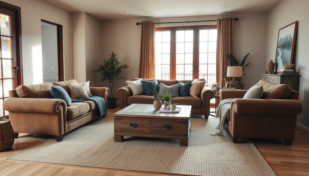 A cozy living room with a plush, tufted sofa and a pair of deep, overstuffed armchairs in a rich, earthy palette. A large, woven area rug grounds the space, and a wooden coffee table with a rustic, weathered finish sits at the center. Soft, indirect lighting filters in through a large window, casting a warm, inviting glow. Textured throw pillows and blankets add layers of comfort, while a few carefully curated decorative elements, such as a potted plant and a stack of books, create a sense of lived-in elegance. The overall atmosphere is one of relaxation and comfort, perfectly suited for an inviting, stylish living room. A cozy living room with a plush, tufted sofa and a pair of deep, overstuffed armchairs in a rich, earthy palette. A large, woven area rug grounds the space, and a wooden coffee table with a rustic, weathered finish sits at the center. Soft, indirect lighting filters in through a large window, casting a warm, inviting glow. Textured throw pillows and blankets add layers of comfort, while a few carefully curated decorative elements, such as a potted plant and a stack of books, create a sense of lived-in elegance. The overall atmosphere is one of relaxation and comfort, perfectly suited for an inviting, stylish living room.