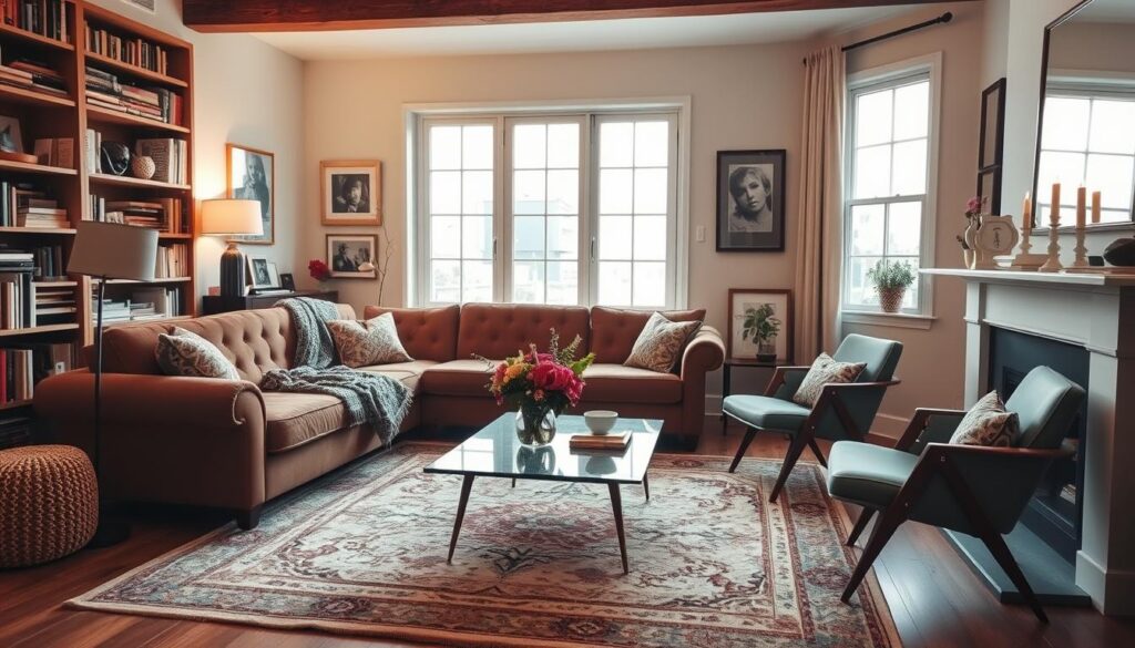 A cozy living room with a plush, tufted sofa in a rich, earthy hue nestled by a large picture window that bathes the space in warm, natural light. Layered textiles, including a patterned throw blanket and matching accent pillows, create a comfortable and inviting ambiance. Bookshelves line the walls, filled with personal trinkets and framed photographs that reflect the homeowner's personality. A large, vintage-inspired area rug grounds the space, and a pair of mid-century modern armchairs flank a minimalist coffee table adorned with a bouquet of fresh flowers. Soft, diffused lighting from a floor lamp and candles on the mantel cast a gentle glow, evoking a sense of intimacy and relaxation. A cozy living room with a plush, tufted sofa in a rich, earthy hue nestled by a large picture window that bathes the space in warm, natural light. Layered textiles, including a patterned throw blanket and matching accent pillows, create a comfortable and inviting ambiance. Bookshelves line the walls, filled with personal trinkets and framed photographs that reflect the homeowner's personality. A large, vintage-inspired area rug grounds the space, and a pair of mid-century modern armchairs flank a minimalist coffee table adorned with a bouquet of fresh flowers. Soft, diffused lighting from a floor lamp and candles on the mantel cast a gentle glow, evoking a sense of intimacy and relaxation.