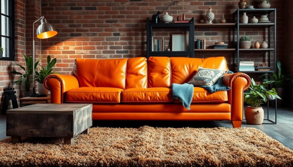 A cozy living room with a vibrant orange leather sofa as the focal point. The sofa is positioned in a rustic, industrial-inspired setting, surrounded by carefully curated decor elements. In the foreground, a plush, textured rug in earthy tones grounds the space. Midground features include a weathered wooden coffee table, a metallic floor lamp casting a warm glow, and a few potted plants adding a touch of greenery. The background showcases exposed brick walls and industrial-style shelving unit displaying an eclectic mix of books, ceramics, and other decorative accents. The overall mood is one of refined, yet relaxed elegance, with the orange leather sofa serving as the vibrant centerpiece that ties the color palette together. A cozy living room with a vibrant orange leather sofa as the focal point. The sofa is positioned in a rustic, industrial-inspired setting, surrounded by carefully curated decor elements. In the foreground, a plush, textured rug in earthy tones grounds the space. Midground features include a weathered wooden coffee table, a metallic floor lamp casting a warm glow, and a few potted plants adding a touch of greenery. The background showcases exposed brick walls and industrial-style shelving unit displaying an eclectic mix of books, ceramics, and other decorative accents. The overall mood is one of refined, yet relaxed elegance, with the orange leather sofa serving as the vibrant centerpiece that ties the color palette together.