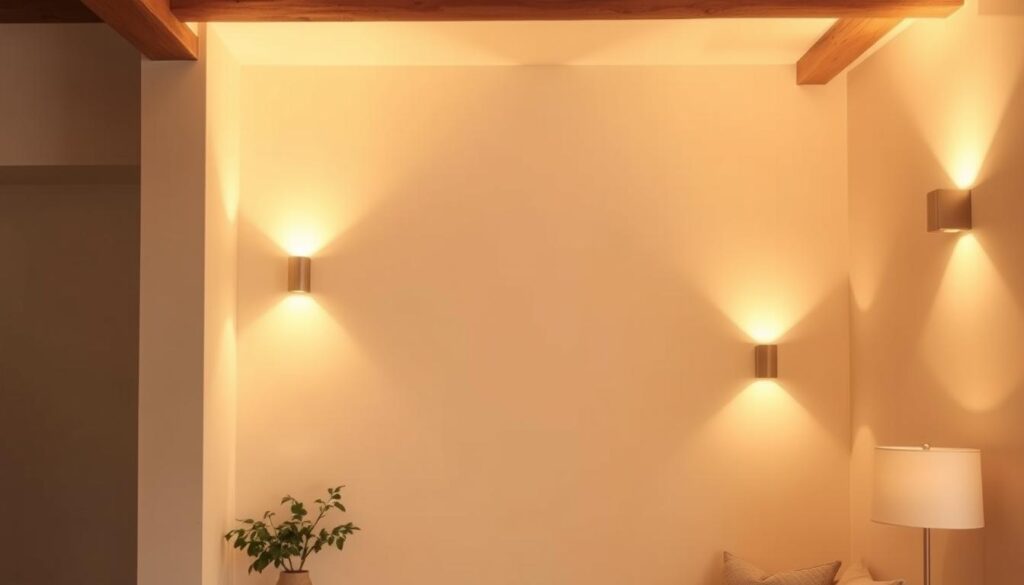 A cozy living room with a warm, inviting ambiance. The walls feature a selection of minimalist yet elegant wall sconces, their soft glow casting a gentle light across the space. The fixtures are mounted at strategic heights, providing both task and accent lighting. The room is bathed in a soothing, golden hue, creating a serene and calming atmosphere. The lighting is positioned to highlight key architectural features, such as exposed beams or a fireplace mantel, adding depth and visual interest to the compact layout. The overall effect is one of subtle sophistication, elevating the small living room with a thoughtful and carefully curated lighting design. A cozy living room with a warm, inviting ambiance. The walls feature a selection of minimalist yet elegant wall sconces, their soft glow casting a gentle light across the space. The fixtures are mounted at strategic heights, providing both task and accent lighting. The room is bathed in a soothing, golden hue, creating a serene and calming atmosphere. The lighting is positioned to highlight key architectural features, such as exposed beams or a fireplace mantel, adding depth and visual interest to the compact layout. The overall effect is one of subtle sophistication, elevating the small living room with a thoughtful and carefully curated lighting design.