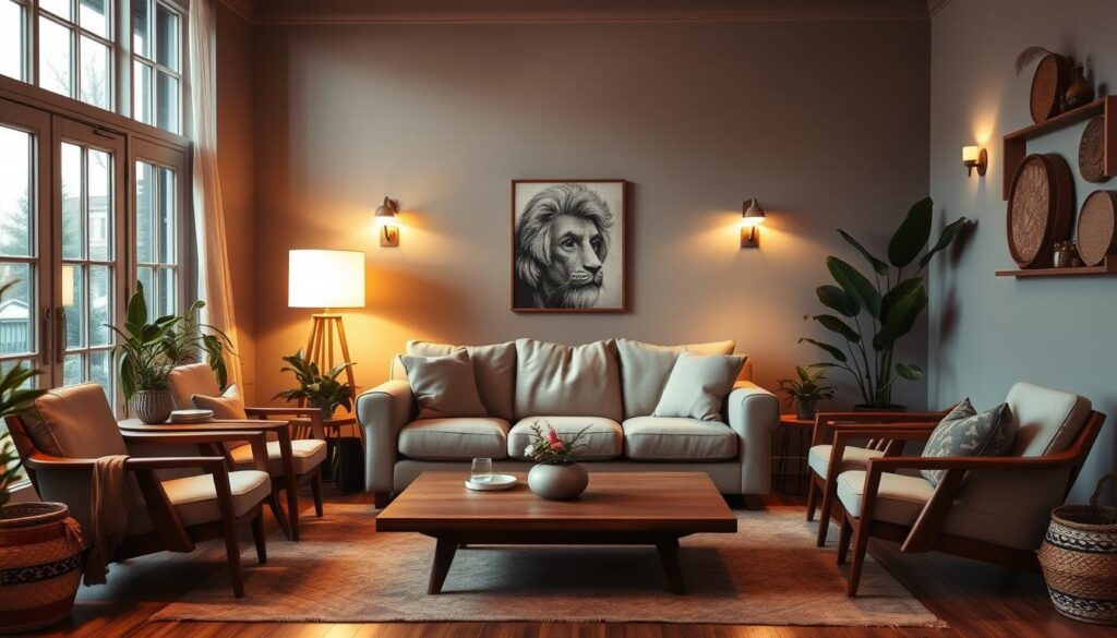 A cozy living room with a warm, inviting atmosphere. A plush, oversized sofa in a neutral tone sits centered, surrounded by mid-century modern armchairs and a low, wooden coffee table. Soft, ambient lighting from a large floor lamp and wall sconces casts a gentle glow, creating an intimate and relaxing ambiance. Potted plants and natural textures, such as woven baskets and wooden accents, add organic elements. Large windows allow natural light to filter in, illuminating the space. The overall scene exudes a sense of comfort and tranquility, perfect for a cozy evening at home. A cozy living room with a warm, inviting atmosphere. A plush, oversized sofa in a neutral tone sits centered, surrounded by mid-century modern armchairs and a low, wooden coffee table. Soft, ambient lighting from a large floor lamp and wall sconces casts a gentle glow, creating an intimate and relaxing ambiance. Potted plants and natural textures, such as woven baskets and wooden accents, add organic elements. Large windows allow natural light to filter in, illuminating the space. The overall scene exudes a sense of comfort and tranquility, perfect for a cozy evening at home.