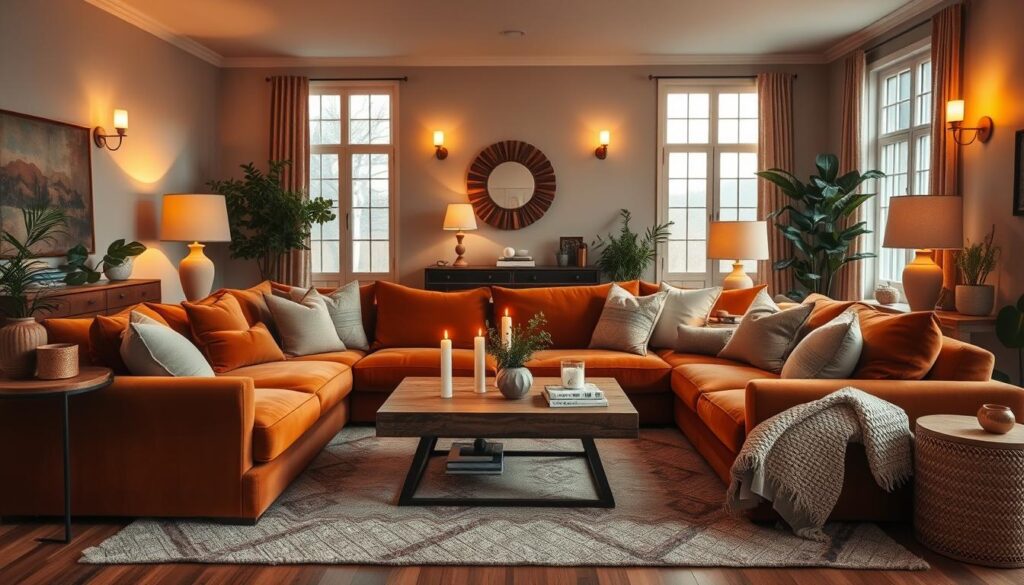 A cozy living room with a warm, inviting color palette. The foreground features a plush, oversized sectional sofa in a rich, earthy tone, surrounded by soft textiles and pillows in complementary hues. The middle ground showcases a wooden coffee table and side tables with decorative elements like candles and plants, adding pops of greenery. In the background, the walls are painted in a muted, soothing color, creating a calming atmosphere. The lighting is a combination of soft, diffused natural light from large windows and cozy, ambient lighting from lamps and sconces, casting a gentle, golden glow throughout the space. The overall scene conveys a sense of comfort, relaxation, and thoughtful design. A cozy living room with a warm, inviting color palette. The foreground features a plush, oversized sectional sofa in a rich, earthy tone, surrounded by soft textiles and pillows in complementary hues. The middle ground showcases a wooden coffee table and side tables with decorative elements like candles and plants, adding pops of greenery. In the background, the walls are painted in a muted, soothing color, creating a calming atmosphere. The lighting is a combination of soft, diffused natural light from large windows and cozy, ambient lighting from lamps and sconces, casting a gentle, golden glow throughout the space. The overall scene conveys a sense of comfort, relaxation, and thoughtful design.