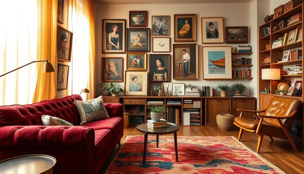 A cozy living room with an eclectic mix of furniture and decor. In the foreground, a plush, tufted velvet sofa in a rich burgundy hue. Beside it, a worn leather armchair and a mid-century modern side table with a sleek brass lamp. In the middle ground, a vibrant, hand-woven area rug in a bold, abstract pattern. Wall art in an assortment of frames, including vintage oil paintings and contemporary abstract pieces, hangs asymmetrically. Bookshelves in the background showcase a collection of trinkets, potted plants, and vintage hardcovers. Warm, golden lighting filters through sheer curtains, creating a soft, inviting ambiance. The overall scene reflects a harmonious blend of styles, textures, and eras, exuding a sense of eclectic sophistication. A cozy living room with an eclectic mix of furniture and decor. In the foreground, a plush, tufted velvet sofa in a rich burgundy hue. Beside it, a worn leather armchair and a mid-century modern side table with a sleek brass lamp. In the middle ground, a vibrant, hand-woven area rug in a bold, abstract pattern. Wall art in an assortment of frames, including vintage oil paintings and contemporary abstract pieces, hangs asymmetrically. Bookshelves in the background showcase a collection of trinkets, potted plants, and vintage hardcovers. Warm, golden lighting filters through sheer curtains, creating a soft, inviting ambiance. The overall scene reflects a harmonious blend of styles, textures, and eras, exuding a sense of eclectic sophistication.
