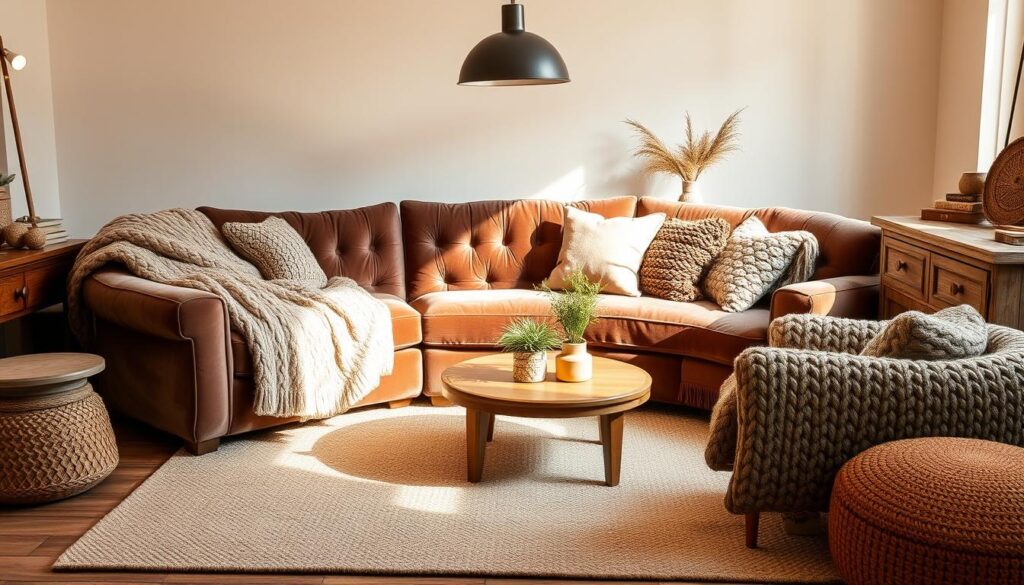 A cozy living room with inviting textures, bathed in warm, soft lighting. The plush, oversized sofa is covered in a luxurious velvet, its deep tufted cushions begging to be sunk into. Fluffy, chunky knit blankets and pillows in earthy tones adorn the space, creating a welcoming and relaxing atmosphere. The textured area rug beneath features a subtle geometric pattern, adding visual interest to the space. Wooden furniture pieces, such as a sturdy coffee table and a weathered sideboard, provide grounding elements. The room is illuminated by a statement pendant light, casting a gentle glow that accentuates the varied textures. Overall, this living room exudes a sense of comfort and tranquility, perfect for unwinding after a long day. A cozy living room with inviting textures, bathed in warm, soft lighting. The plush, oversized sofa is covered in a luxurious velvet, its deep tufted cushions begging to be sunk into. Fluffy, chunky knit blankets and pillows in earthy tones adorn the space, creating a welcoming and relaxing atmosphere. The textured area rug beneath features a subtle geometric pattern, adding visual interest to the space. Wooden furniture pieces, such as a sturdy coffee table and a weathered sideboard, provide grounding elements. The room is illuminated by a statement pendant light, casting a gentle glow that accentuates the varied textures. Overall, this living room exudes a sense of comfort and tranquility, perfect for unwinding after a long day.