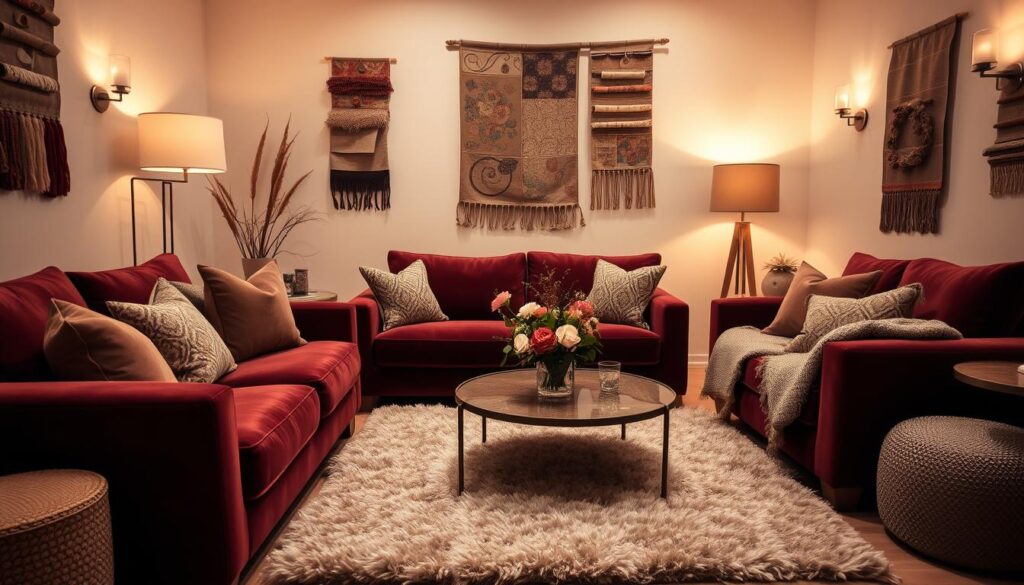 A cozy living room with plush textiles and soft lighting. In the foreground, a luxurious velvet sofa in a rich burgundy hue, accented by patterned throw pillows in earthy tones. In the middle ground, a fluffy area rug in a neutral palette anchors the space, complemented by a low coffee table topped with a vase of fresh flowers. Along the walls, hanging textile artwork in muted shades adds warmth and texture. Indirect lighting from floor lamps and wall sconces creates a intimate, inviting atmosphere. The scene is bathed in a warm, golden glow, evoking a sense of comfort and relaxation. A cozy living room with plush textiles and soft lighting. In the foreground, a luxurious velvet sofa in a rich burgundy hue, accented by patterned throw pillows in earthy tones. In the middle ground, a fluffy area rug in a neutral palette anchors the space, complemented by a low coffee table topped with a vase of fresh flowers. Along the walls, hanging textile artwork in muted shades adds warmth and texture. Indirect lighting from floor lamps and wall sconces creates a intimate, inviting atmosphere. The scene is bathed in a warm, golden glow, evoking a sense of comfort and relaxation.