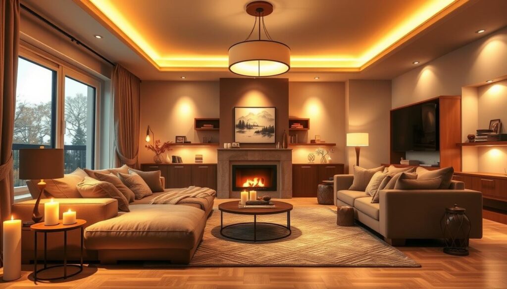 A cozy living room with warm, inviting lighting. The space is bathed in a soft, golden glow from a central pendant light, casting a gentle, intimate ambiance. Plush, oversized furniture in muted tones creates a welcoming seating area, while a large, patterned area rug grounds the space. Flickering candlelight adds an extra layer of coziness, while recessed lighting in the walls and shelves provides subtle illumination. Large windows allow natural light to filter in, creating a harmonious blend of artificial and natural lighting. The overall atmosphere is one of comfort, relaxation, and a sense of contentment. A cozy living room with warm, inviting lighting. The space is bathed in a soft, golden glow from a central pendant light, casting a gentle, intimate ambiance. Plush, oversized furniture in muted tones creates a welcoming seating area, while a large, patterned area rug grounds the space. Flickering candlelight adds an extra layer of coziness, while recessed lighting in the walls and shelves provides subtle illumination. Large windows allow natural light to filter in, creating a harmonious blend of artificial and natural lighting. The overall atmosphere is one of comfort, relaxation, and a sense of contentment.