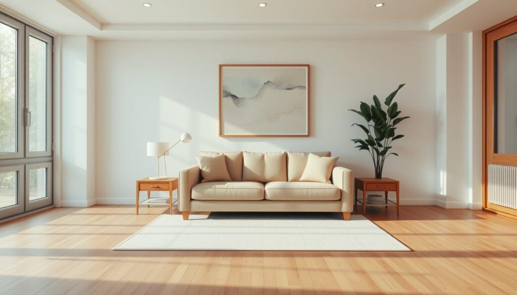 A cozy, minimalist living room with clean lines and neutral tones. Soft, diffused lighting illuminates the space, casting a warm glow. A plush, beige sofa sits centered, flanked by a pair of wooden end tables. A large, framed abstract artwork hangs above the sofa, its muted colors complementing the overall palette. In the corner, a tall, potted plant adds a touch of greenery. The wooden floorboards are covered by a simple, off-white area rug. Large windows allow natural light to filter in, creating a bright and airy atmosphere. The room exudes a sense of calm and tranquility, inviting one to relax and unwind.