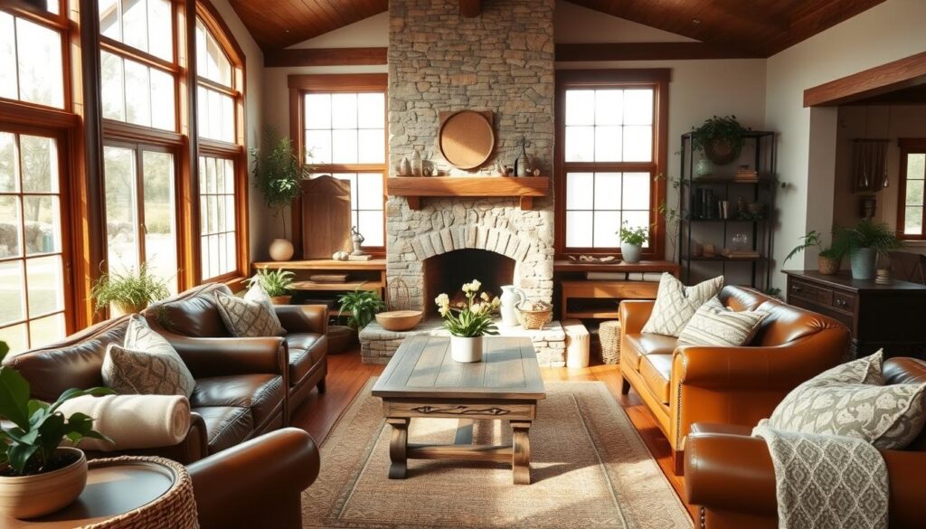 A cozy modern farmhouse living room, bathed in warm, natural light filtering through large windows. The focal point is a rustic stone fireplace, surrounded by plush leather seating and a weathered wood coffee table. Accents of woven textiles, vintage decor, and lush greenery create a harmonious blend of rustic and chic. The room has an inviting, lived-in atmosphere, with a subtle color palette of earthy tones and soft neutrals. The camera captures the scene from a slightly elevated angle, showcasing the room's balance of traditional and contemporary elements. A cozy modern farmhouse living room, bathed in warm, natural light filtering through large windows. The focal point is a rustic stone fireplace, surrounded by plush leather seating and a weathered wood coffee table. Accents of woven textiles, vintage decor, and lush greenery create a harmonious blend of rustic and chic. The room has an inviting, lived-in atmosphere, with a subtle color palette of earthy tones and soft neutrals. The camera captures the scene from a slightly elevated angle, showcasing the room's balance of traditional and contemporary elements.