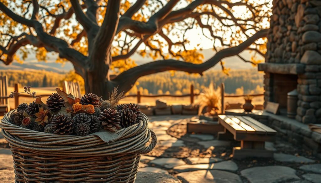 A cozy outdoor setting with rustic elements, illuminated by warm, natural lighting. In the foreground, a woven basket overflows with pinecones, dried flowers, and autumn leaves. A pair of weathered wooden benches sit beside a stone fireplace, inviting guests to gather and enjoy the crackling fire. In the middle ground, a large, sprawling tree casts dappled shadows across the scene, its gnarled branches reaching towards the sky. Behind, a backdrop of rolling hills and a distant forest, painted in rich autumnal hues. The overall atmosphere evokes a sense of tranquility and connection with the great outdoors, perfect for a rustic living room design. A cozy outdoor setting with rustic elements, illuminated by warm, natural lighting. In the foreground, a woven basket overflows with pinecones, dried flowers, and autumn leaves. A pair of weathered wooden benches sit beside a stone fireplace, inviting guests to gather and enjoy the crackling fire. In the middle ground, a large, sprawling tree casts dappled shadows across the scene, its gnarled branches reaching towards the sky. Behind, a backdrop of rolling hills and a distant forest, painted in rich autumnal hues. The overall atmosphere evokes a sense of tranquility and connection with the great outdoors, perfect for a rustic living room design.