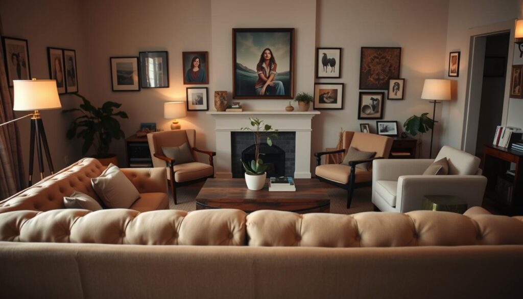 A cozy, personalized living room with a plush, tufted sofa in a neutral tone, positioned in the foreground. Flanking the sofa, two mid-century modern armchairs in a complementary color scheme. In the middle ground, a rustic wooden coffee table with a potted plant and stack of books. The walls are adorned with framed artwork and photographs, creating a warm, inviting atmosphere. Soft, indirect lighting from a floor lamp and wall sconces casts a gentle glow throughout the space. The overall mood is one of comfort, relaxation, and personal expression. A cozy, personalized living room with a plush, tufted sofa in a neutral tone, positioned in the foreground. Flanking the sofa, two mid-century modern armchairs in a complementary color scheme. In the middle ground, a rustic wooden coffee table with a potted plant and stack of books. The walls are adorned with framed artwork and photographs, creating a warm, inviting atmosphere. Soft, indirect lighting from a floor lamp and wall sconces casts a gentle glow throughout the space. The overall mood is one of comfort, relaxation, and personal expression.