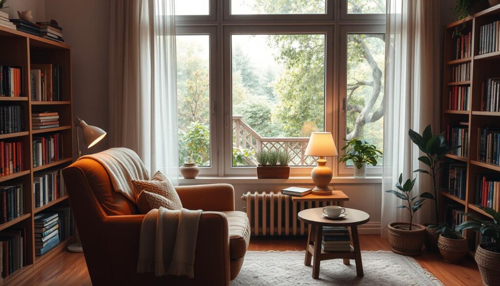 A cozy reading nook in a warm, inviting living room. Plush armchair upholstered in earthy tones, facing a large window overlooking a lush garden. Soft, diffused light filters through sheer curtains, creating a serene ambiance. Wooden side table holds a mug of hot tea, a stack of well-worn books, and a reading lamp with a gentle glow. Bookshelves line the walls, filled with volumes of varied hues. Soft area rug underfoot, and a throw blanket draped over the chair's arm. Potted plants and minimal decor complete the tranquil, contemplative scene. A cozy reading nook in a warm, inviting living room. Plush armchair upholstered in earthy tones, facing a large window overlooking a lush garden. Soft, diffused light filters through sheer curtains, creating a serene ambiance. Wooden side table holds a mug of hot tea, a stack of well-worn books, and a reading lamp with a gentle glow. Bookshelves line the walls, filled with volumes of varied hues. Soft area rug underfoot, and a throw blanket draped over the chair's arm. Potted plants and minimal decor complete the tranquil, contemplative scene.