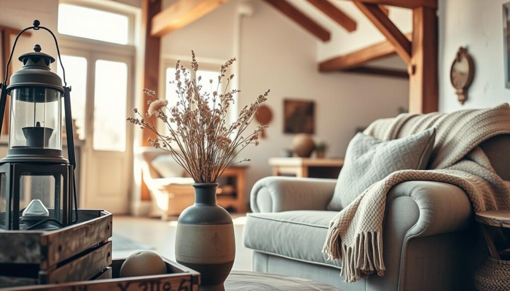 A cozy, rustic country home interior, bathed in warm, soft lighting. In the foreground, a collection of vintage decor items - an antique lantern, a weathered wooden crate, and a ceramic vase filled with dried wildflowers. The middle ground features a plush, overstuffed armchair upholstered in a neutral, textured fabric, complemented by a handwoven throw blanket. The background showcases exposed wooden beams, whitewashed walls, and a large window that allows natural light to pour in, creating a serene, inviting atmosphere. The overall scene evokes a sense of timeless charm and effortless country living. A cozy, rustic country home interior, bathed in warm, soft lighting. In the foreground, a collection of vintage decor items - an antique lantern, a weathered wooden crate, and a ceramic vase filled with dried wildflowers. The middle ground features a plush, overstuffed armchair upholstered in a neutral, textured fabric, complemented by a handwoven throw blanket. The background showcases exposed wooden beams, whitewashed walls, and a large window that allows natural light to pour in, creating a serene, inviting atmosphere. The overall scene evokes a sense of timeless charm and effortless country living.
