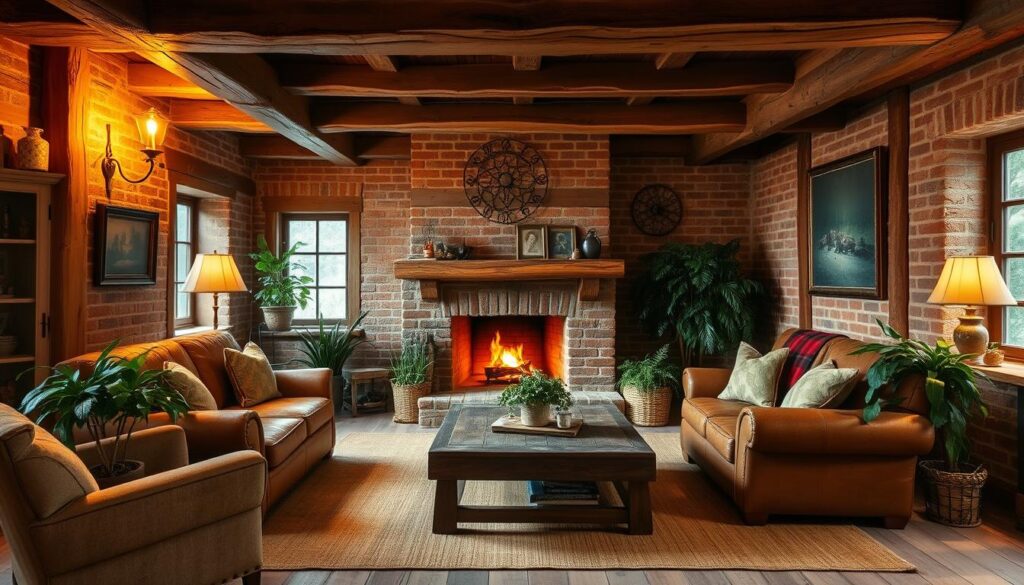 A cozy, rustic living room awash in warm, earthy tones. Wooden beams and exposed brick walls set the scene, complemented by plush, textured furnishings in shades of ochre, terracotta, and sage. Soft lighting from vintage sconces casts a golden glow, illuminating natural fiber rugs and a roaring fireplace. Weathered leather armchairs and a worn, distressed coffee table anchor the space, while lush, verdant potted plants and a hint of tartan add charming, country-inspired accents. The overall atmosphere is one of comfort, coziness, and timeless, rustic elegance. A cozy, rustic living room awash in warm, earthy tones. Wooden beams and exposed brick walls set the scene, complemented by plush, textured furnishings in shades of ochre, terracotta, and sage. Soft lighting from vintage sconces casts a golden glow, illuminating natural fiber rugs and a roaring fireplace. Weathered leather armchairs and a worn, distressed coffee table anchor the space, while lush, verdant potted plants and a hint of tartan add charming, country-inspired accents. The overall atmosphere is one of comfort, coziness, and timeless, rustic elegance.