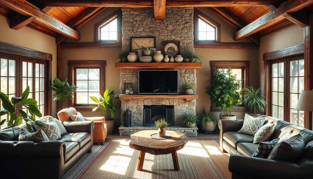A cozy, rustic living room bathed in warm, natural light filtering through large windows. The focal point is a mounted TV framed by a rustic stone fireplace mantel, adorned with weathered wooden beams and shelves displaying earthy ceramics and plants. Plush leather furniture, woven area rugs, and exposed wooden beams create a inviting, organic ambiance. Pops of greenery from lush potted plants and a wooden accent table with a live-edge top complete the natural, grounded aesthetic. The space exudes a sense of timeless charm and understated elegance. A cozy, rustic living room bathed in warm, natural light filtering through large windows. The focal point is a mounted TV framed by a rustic stone fireplace mantel, adorned with weathered wooden beams and shelves displaying earthy ceramics and plants. Plush leather furniture, woven area rugs, and exposed wooden beams create a inviting, organic ambiance. Pops of greenery from lush potted plants and a wooden accent table with a live-edge top complete the natural, grounded aesthetic. The space exudes a sense of timeless charm and understated elegance.